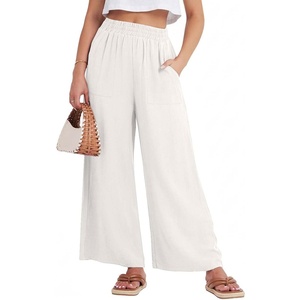 image:imageGRECERELLE Women Elastic High Waisted Wide Leg Pants Woman Casual Palazzo TrousersPearl White