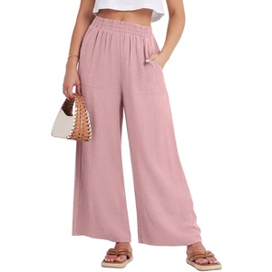 image:imageGRECERELLE Women Elastic High Waisted Wide Leg Pants Woman Casual Palazzo TrousersPink