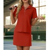 image:imageGRECERELLE Womens Summer 2 Piece Skort Set Half Zip Short Sleeve Top amp Pocketed Tennis Skirt For Sports amp VacationsRed