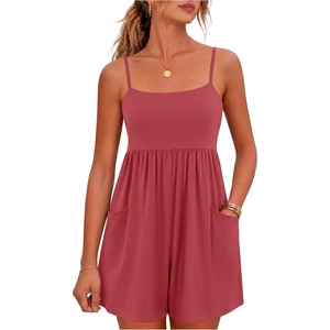 image:imageGRECERELLE Cotton Summer Rompers for Women 2026 Athleisure Jumpsuit Shorts  with Pockets  Casual Athletic  Adjustable Spaghetti Strap  Tennis  Square neck  Beach Vacation Daily WearRust Red