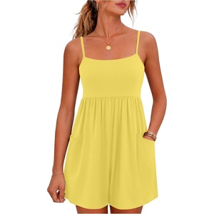 image:imageGRECERELLE Cotton Summer Rompers for Women 2026 Athleisure Jumpsuit Shorts  with Pockets  Casual Athletic  Adjustable Spaghetti Strap  Tennis  Square neck  Beach Vacation Daily WearButter Yellow