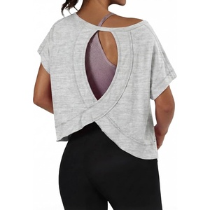 image:imageGRECERELLE Womens Open Back Workout Tops Backless Athletic Shirts Casual Crop Running Tee Y2k YogaLight Grey