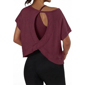 image:imageGRECERELLE Womens Open Back Workout Tops Backless Athletic Shirts Casual Crop Running Tee Y2k YogaWine Red