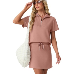 image:imageGRECERELLE Womens Summer 2 Piece Skort Set Half Zip Short Sleeve Top amp Pocketed Tennis Skirt For Sports amp VacationsDark Pink