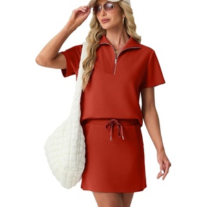 image:imageGRECERELLE Womens Summer 2 Piece Skort Set Half Zip Short Sleeve Top amp Pocketed Tennis Skirt For Sports amp VacationsRed