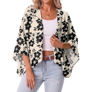 image:imageGRECERELLE Womens Summer Lightweight Cropped Cardigan  Open Front Cover Ups for Dresses Kimono Oversized Trendy Layering Tops Casual Loose Shrug for VacationKhaki Black Flower