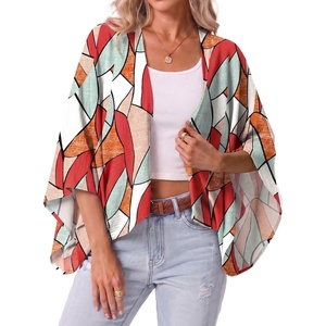 image:imageGRECERELLE Womens Summer Lightweight Cropped Cardigan  Open Front Cover Ups for Dresses Kimono Oversized Trendy Layering Tops Casual Loose Shrug for VacationColorful Geometry