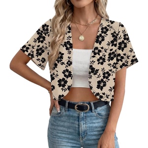 image:imageGRECERELLE Womens Summer Lightweight Cropped Cardigan Shrug  Short Sleeve Casual Bolero Shrugs Open Front Cover Ups for Dresses V Neck Trendy Layering TopsKhaki Black Flower