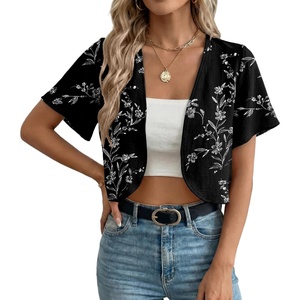 image:imageGRECERELLE Womens Summer Lightweight Cropped Cardigan Shrug  Short Sleeve Casual Bolero Shrugs Open Front Cover Ups for Dresses V Neck Trendy Layering TopsBlack White Carving