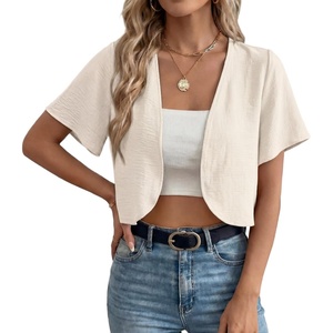 image:imageGRECERELLE Womens Summer Lightweight Cropped Cardigan Shrug  Short Sleeve Casual Bolero Shrugs Open Front Cover Ups for Dresses V Neck Trendy Layering TopsIvory White